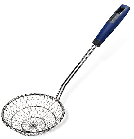 Tasty Everyday Kitchen Skimmer with Spider Head, Fine Mesh Stainless Steel Kitchen Strainer, Oil Strainer for Frying & Cooking, Soft-Touch Handle, Spider Strainer, Wire Mesh Spoon, Dark Blue & Silver
