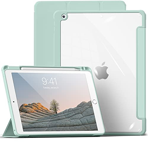 aoub Hülle für iPad 9./8./7. Generation 10,2 Zoll 2021/2020/2019 | Smart Folio Hülle mit Stifthalter für iPad 10,2 9/8/7 Gen, Transparente Rückseite, Auto Schlafen/Wachen, Leichter, Hellgrün