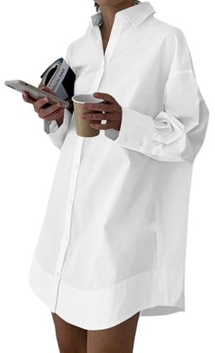 LYANER Women's Casual Shirt Dress Collar V Neck Button Down Loose Long Sleeve Mini Dresses White Small