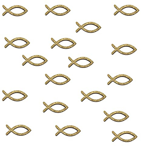 Oblique Unique® 18 Holz Fische Glitzernd Echtholz Tischdeko Taufdeko Streuartikel Streudeko Verzierung für Taufe Kommunion Konfirmation Firmung (Gold)