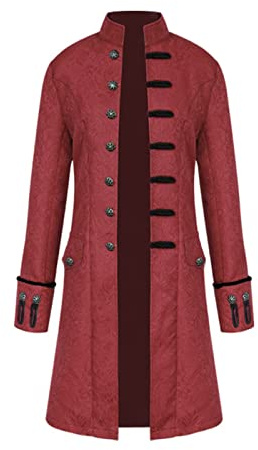 TSIRNK Medeltida kläder män, steampunk män, halloween kostymer män, frack steampunk gotisk medeltida uniform, röd, XXL