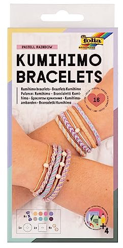 folia 32039 - Kumihimo Bracelets PASTELL RAINBOW, Bastelset für Armbänder, 16-teilig mit Garn, Knüpfscheiben und Perlen, inkl. Anleitung