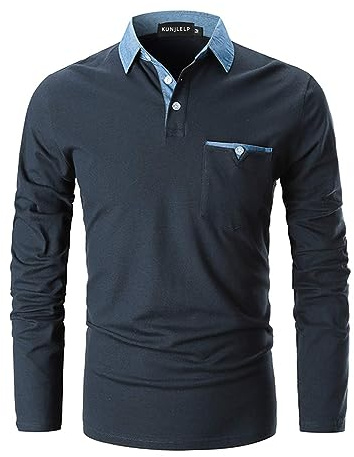 KUNJLELP Poloshirt Herren Langarm, T Shirts Männer, Hemd Herren Denim-Splice T-Shirt Golf Polo Shirt