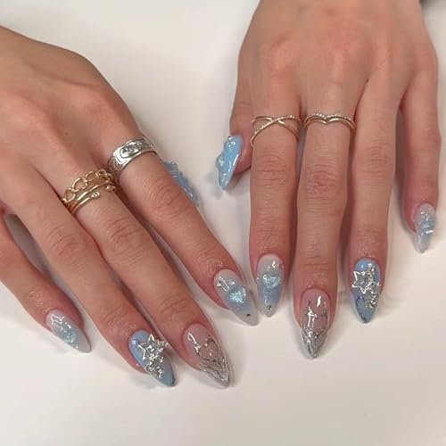 MouyouGlow Press on Nails Kurz,Almond Shimmer Baby Blau Glitzer 3D Schleife Sterne Herz Charm Gems Coquette Fake Nails mit Nagelkleber,Korean Künstliche Fingernägel