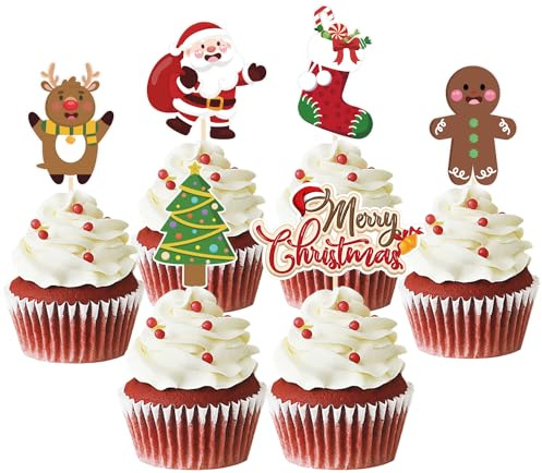 24 Stück Weihnachten Cupcake Toppers, Weihnachtsmann Tortendeko, Lebkuchenmann Kuchen Deko Weihnachten für Neujahr Party, Weihnachtsfeier Deko (Weihnachtsmann)