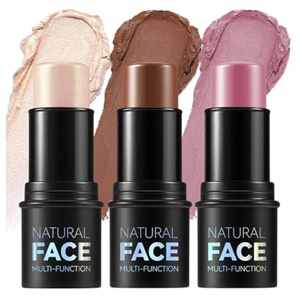 3 Stück Contour Highlighter Blush Sticks - Lang anhaltende wasserdichte Creme-Konturenstifte Rouge Gesicht Make-up - Bronzer Contour & Shimmer Pearl Highlighter für Wangen & Lippen (A Set)