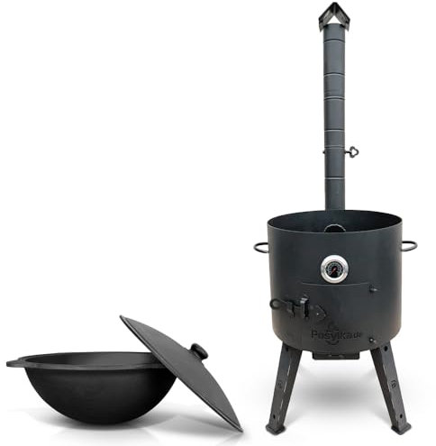 Utschak Feuerofen Ø 44 cm 2 mm Stahl mit Thermometer Usbekische Kazan 16 L runder Boden Kazan Учаг Uchag казан Gusseisen Oven учак (Set 1)