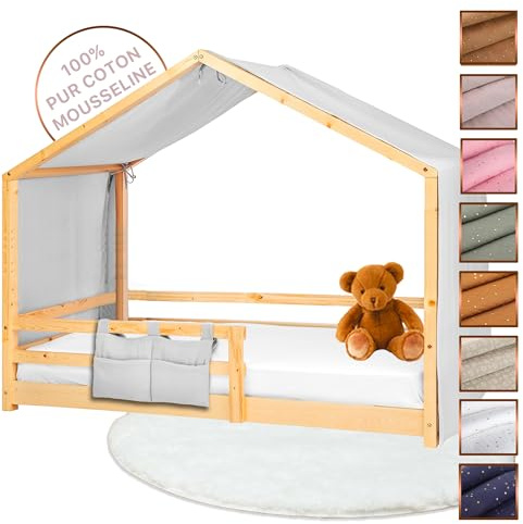 Lovely Hippo Tenda Letto Bambini 100% Cotone - Tenda Letto Montessori per Letto Bambini 80x160 e 90x190cm - Modelo 2 (Grigio, 97 x 402 cm + Astuccio)