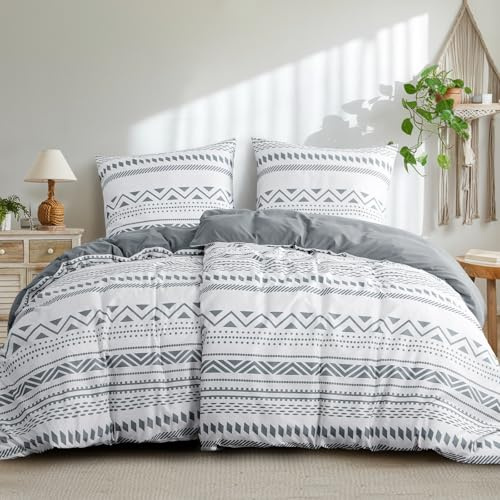 Aisbo Bettwäsche 135x200 4teilig Bettdeckenbezug - Bettwäsche Set 135 x 200 cm Boho Grau Muster mit 2 Kissenbezügen 80x80 cm, Mikrofaser Bettbezug 2er Set mit Reißverschluss, Bügelfrei und Weich