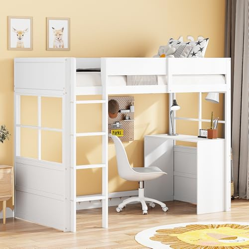 Kinderbett Etagenbett 90x200, Hochbett Einzelbett mit Schreibtisch&Sicherheitstreppe, Holzbett mit Lattenrost&hohes Zaundesign, Stockbett Kinderhochbett Jugendhochbett Spielbett Bettgestell, Weiß