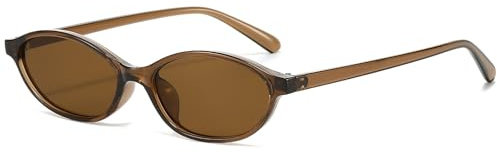 YAMEIZE Retro oval kattöga solglasögon för kvinnor vintage 90-tal solglasögon små ovala glasögon smala nyanser UV400, Genomskinlig brun/brun, Small
