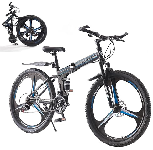 LSLIFE Folding Mountain Bike, 24'' 26'' 27.5'' Folding Bike for Adult 21-Speed Folding Bicycle for Men Women Dual Disc Brakes 3 Spoke Wheels Shock Absorber