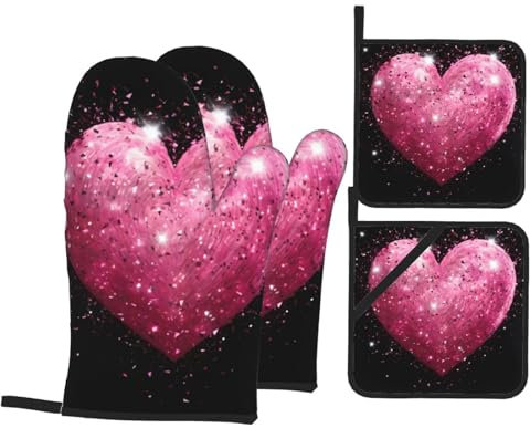 YYHWHJDE Set di 4 guanti da forno e presine con stampa a cuore rosso con glitter rossi: spessi e resistenti, anti-scottatura e termoisolanti