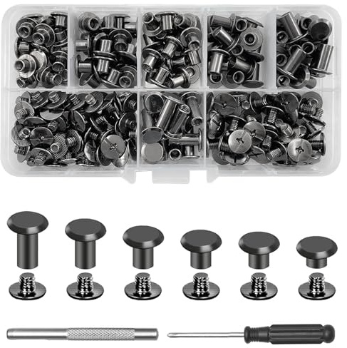 xiaoxiaozhijia 110 Piezas Remache de Tornillos,M5 Remaches para Cuero Set,Tornillo Longitud 4/5/6/8/10/12mm,Tornillos de Fijación para DIY Decoración de Cuero (Gunmetal)