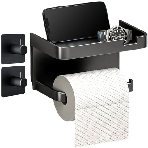 Etoper Toilettenpapierhalter Ohne Bohren, Selbstklebend Klopapierhalter mit Ablage, WC Papierhalter mit 2 Handtuchhaken, Wandmontage Klorollenhalter für Küche und Badzimmer (Schwarz)