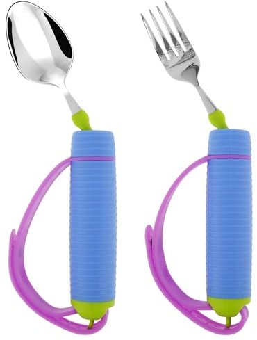 Adaptive Utensils - Juego de cucharas y tenedores giratorios de 360° con mango antideslizante y correa de silicona ajustable, cuchara y tenedor adaptativos de fácil agarre para artritis, personas