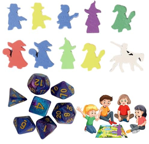 LONZIKP 17 Pezzi Dadi Poliedrici e Miniature in Legno per Giochi da Tavolo D&D RPG, Set di Dadi in Acrilico Blu e Viola con Numeri Dorati, Accessori per Giochi