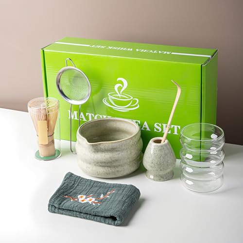 Matcha Whisk Set with Matcha Bowl, 8Pcs Matcha Tea Set Matcha Whisk and Holder, Matcha Cup, Scoop, Sifter and Tea Cloth(Matcha Green)