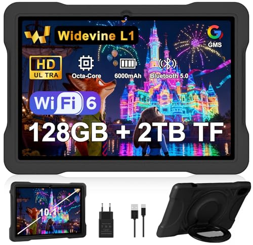 Tablette Android avec 20Go RAM+128Go ROM(TF/2To), Tablettes 10 Pouces avec Octa-Core, 6000mAh, 5G/2.4G WiFi 6, Widevine L1, GMS, 5MP+8MP, 1280 * 800, Bluetooth 5.0, Tablette Tactile avec EVA Cas-Noir