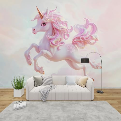 QEODAH 3D Tapete Einhorn Schlafzimmer, Fototapete Mädchen Süße Cartoon, Vliestapete Weiß Rosa, Tapeten Wohnzimmer Muster, Fantasy Tier Wand Deko Kinderzimmer, Wandtapete, Mustertapete Vlies 250x175 cm