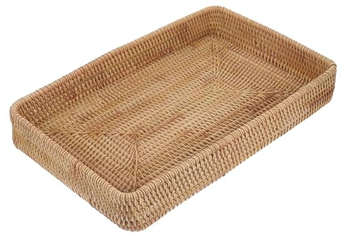 Homoyoyo Plateau Rotin Rectangulaire Tissé Main Multifonction pour Service et Rangement Décoration pour Table Basse Cuisine et Salle de Bain Grand Format