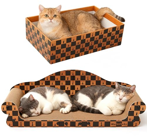 Markarbarka 27 Inch Cat Couch Scratcher, Large Cardboard Box with Durable Scratch Pad for Cats, Comfortable Cat Scratching Sofa & Cozy Nest with Reversible Scratchers