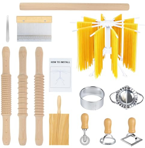 3 Size Pasta Making Tools, 13Pcs Wooden Pasta Making Kit with 3 Size Threaded Rolling Pins, Long Rolling Pin, Foldable Pasta Drying Rack, Gnocchi Board and other, Enioy Making Pasta At Home