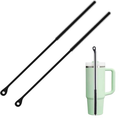 2pcs Silicone Straw Cleaner Brush, Extra Long Reusable Straw Brush, Pipe Cleaner Travel Drinking Bottle Lid Cleaning Tool for Metal Glass Straws, Black