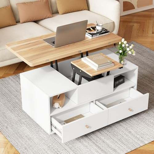 Mesa de centro ajustable en altura con función plegable y 4 cajones, 100 x 50 x 47,5 cm, una mesa elevadora hidráulica grande y una pequeña, mesa de salón móvil con ruedas universales, mesa de sofá