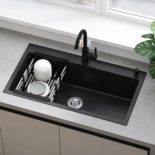 80 cm x 45 cm Einbauwaschbecken aus Edelstahl 304, schwarz ‌Küchenspüle, mit Einhebelmischer und Warm- und Kaltwasseranschluss für Bad und Küche