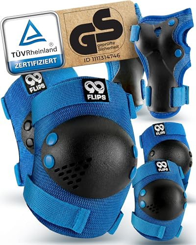 99FLIPS Inline Skateskydd för Barn Set 3-12 år [6-pack] - Knäskydd, Armbågsskydd och Handskydd - för Skateboard, Skoter, Utomhussporter - RISE - Storlek SM - BLÅ