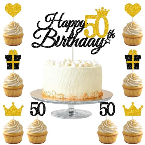 50th Birthday Cake Topper Black Gold - Elegant Happy Birthday 50 Cake Decorations Set with 1 Large & 8 Small Inserts - Non-Edible Golden Milestone Celebration Topper for Women & Men