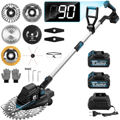 7-in-1 Akku Rasentrimmer mit 2 Akkus und Ladegerät| 1200W Akku Freischneider mit Unkrautbürste| 16800 U/min Bürstenloser Elektrisch Motorsense mit 7 Klingentypen für Gärten, Rasenflächen, Büsche