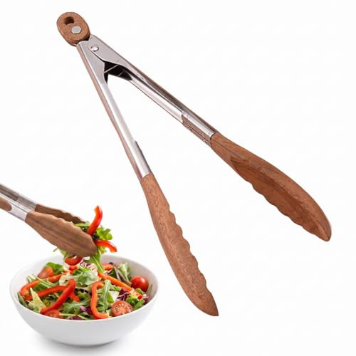 Wooden Tongs for Cooking 12 Inch, Kitchen Tongs Salad Tongs BBQ Tongs | Natural Walnut Wood, Stainless Steel, Non Scratch, Heat Resistant, Serving Tongs, Toaster Tongs, Bread Pickles
