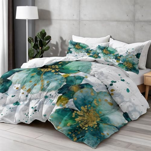 Generisk akvarell täcken 220 × 240 cm 4 årstider, abstrakt blomma växt tvättbart täcke utan överdrag – mjuk och bekväm året runt täcke med 2 örngott 80 x 80 cm, blågrön guld