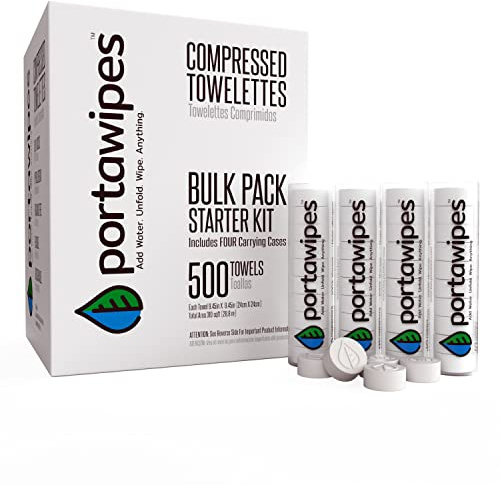 Portawipes Coin Tissues | 500 Pack with 4 Carrying Cases | Toilet Paper Tablets | Compressed Towels | Expandable Wipes | Soft & Odor Free