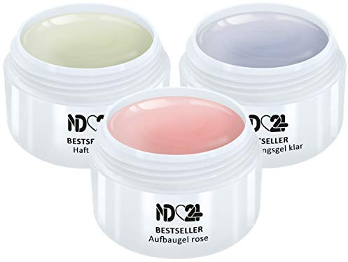 ND24 NailDesign – Gel Set mit Haftgel + Aufbaugel Rosa + Finish Versieglergel für Gelnägel – Gel für eine Naildesign Modellage wie im Nagelstudio – für Anfänger geeignet – Made in Germany (3x 30ml)