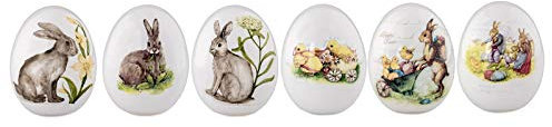 H.Bauer jun. kleine weiße Porzellan Deko Eier - Bunte Motiv-Eier mit Hasen Bedruckt 7.2 x 5.6 cm zum Aufstellen - 6-teilig - für Oster- oder Frühlingsdeko