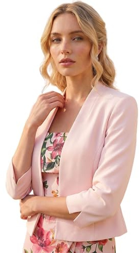 Roman Bolero Jacket for Women UK Ladies Shrug Tailored Rochette Suit Blazer Formal Wedding Guests Crepe Crop Stretch Smart Cover Up Office Work Slim Edge to Edge - Light Pink - Size 16