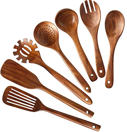 NAYAHOSE Wooden Kitchen Utensils set, Wooden Spoons for cooking Natural Teak Wood Kitchen Spatula Set for Cooking including Spoon Ladle Fork 7 Pack