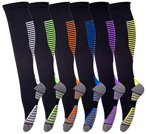 LEOSTEP Compression Socks for Men & Women (6Pair) Non-Slip Long Tube Ideal for Running,Nursing,Circulation & Recovery Boost Stamina, Hiking Travel & Flight Socks 20-30 mmHg