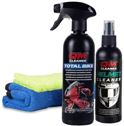 QM Cleaner Kit de Limpieza y Mantenimiento para Moto y Casco | Limpiador en seco multisuperficie y elimina insectos para casco. Incluye Total Bike(500ml), Helmet Cleaner(200ml) + 2 paños