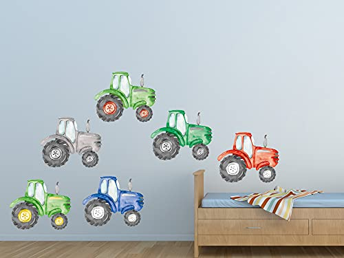 GRAZDesign Wandtattoo Kinderzimmer Junge | Traktor 6 Stück Rot grün grau blau Trecker Bauernhof | Wandsticker Babyzimmer | Wand Deko zum Aufkleben selbstklebend 100x57cm