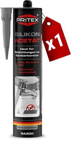 PRITEX Sanitär Silikon Grau 300ml, Acetat für Bad & WC Dichtmasse