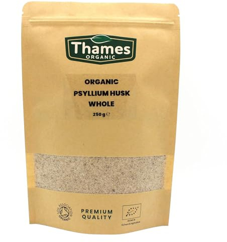 Organic Psyllium Husk Whole - High Protein, High Fibre, Raw, Vegan, GMO-Free - No Additives or Preservatives, Certified Organic - Nutritious, Versatile - Resealable Pouch - Thames Organic 250g