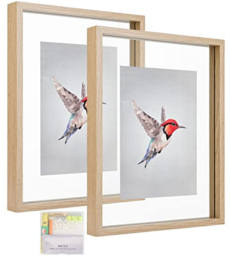 MUYE 11x14 Floating Frame Set of 2,Double Glass Rustic Frame,Display Any Size Photo up to 11x14,Wall Mount or Tabletop Standing,Natural