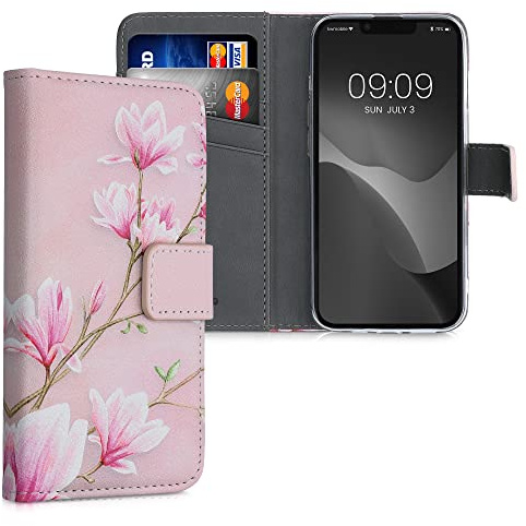 kwmobile Wallet Case kompatibel mit Apple iPhone 13 mini Hülle - Cover mit Ständer und Kartenfächern - Magnolien Rosa Weiß Altrosa