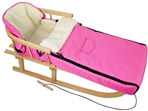 Kombierbjudande träsläde med ryggstöd och dragrep + universell vinteråksäck (108 cm), även lämplig för babystol, barnvagn, buggy, lammull, uni (rosa + släde)