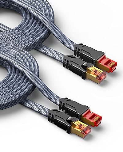 SNOWKIDS Cat8 LAN Kabel 40Gbps Nylon Flach Netzwerkkabel (3M Grau 2 Stück) | Robust Nylon-Kabel, 2000MHz Hohe Geschwindigkeit Patchkabel, S/FTP, RJ45 Stecker Ethernet Kabel für Router/Modem/TV/Switch