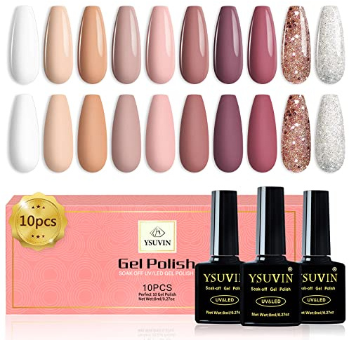 YSUVIN UV Nagellack Nude, 10 Farben Weiß Rosa Nude Taupe Glitter Gold Silber Gel Nagellack Soak-off UV Gellack für Frauen Home DIY Nail Art Salon, 8ML